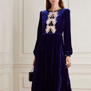 SALONI Camille Bows Appliquéd Velvet Midi Dress